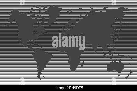 Weiße horizontale Linie, Streifen Linie Weltkarte, leerer Raum Land auf schwarzem Hintergrund, Vollbildmuster, Vektor und Illustration Stock Vektor