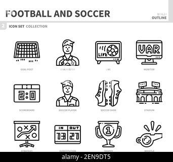 Fußball- und Fußball-Symbolsatz, Umrissstil, Vektor und Illustration Stock Vektor