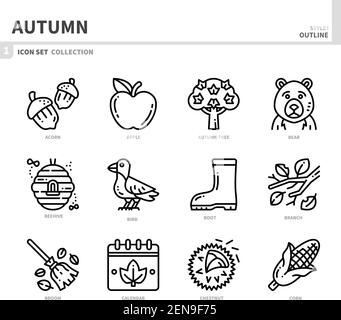 Herbst Saison Icon Set, Umriss Stil, Vektor und Illustration Stock Vektor