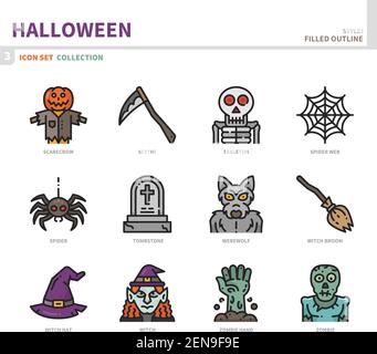 halloween Icon Set, gefüllte Umrissstil, Vektor und Illustration Stock Vektor