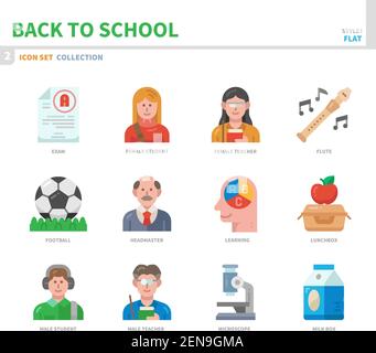 Zurück zur Schule Icon Set, Farbe flachen Stil, Vektor und Illustration Stock Vektor
