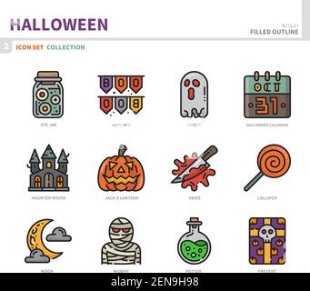 halloween Icon Set, gefüllte Umrissstil, Vektor und Illustration Stock Vektor