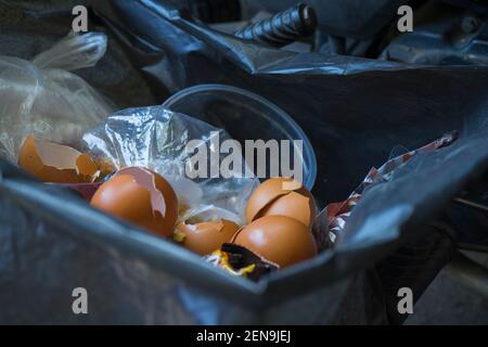 Mülltonne voll mit Haushaltsmüll und Plastikbeutel. Stockfoto