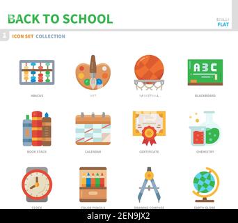 Zurück zur Schule Icon Set, Farbe flachen Stil, Vektor und Illustration Stock Vektor