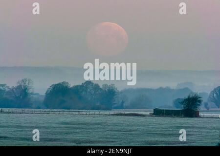 Amesbury, Wiltshire, Großbritannien. 26th. Februar 2021. Wetter in Großbritannien. Der fast Vollschneemond untergeht in der Nähe von Amesbury in Wiltshire kurz vor Sonnenaufgang an einem kalten frostigen Morgen. Bild: Graham Hunt/Alamy Live News Stockfoto