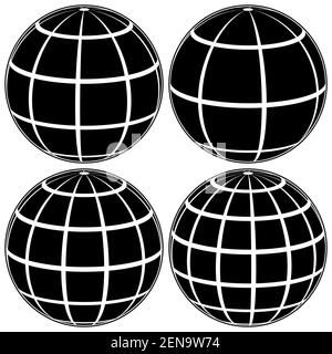 Set Black Globe 3D Modell der Erde oder des Planeten, Modell der Himmelskugel mit Koordinatenraster, Vektorfeld mit Streifen und Linien Stock Vektor