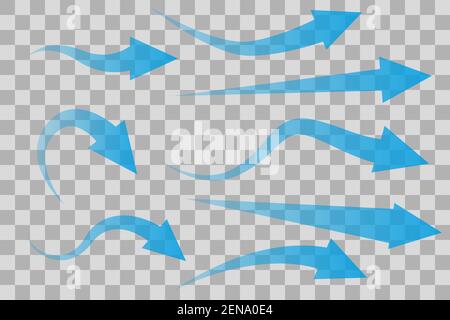 Satz von transparenten blauen Pfeilen, die Luftstrom isoliert auf transparentem Hintergrund zeigen. Flacher Style. Vektorgrafik Stock Vektor