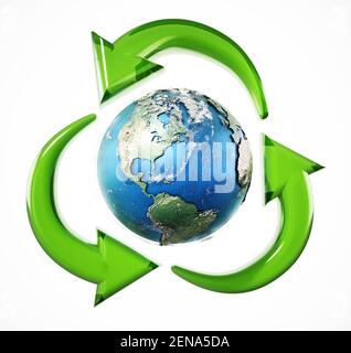 Drehen grüne Pfeile um die Erde Form Recycling-Symbol. 3D Abbildung. Stockfoto