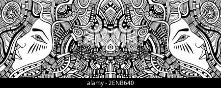 Malseite mit psychedelischen Fantasy-Mädchen mit Wellenhaar. Vektor Hand gezeichnet Illustration Antistress Doodle Cartoon-Karte. Abstrakter Tribal-Hintergrund Stock Vektor