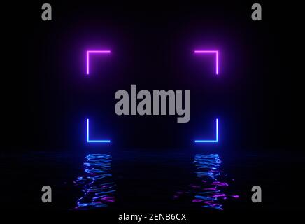 Leuchtendes Neon-Rechteck mit Reflexionen in der Wasseroberfläche. Abstrakter Hintergrund, Wellen, ultraviolett, Spektrum lebendige Farben, Laser-Show. 3D Bild-Bild-Bild Stockfoto