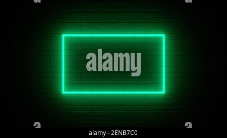 Neonschild an einer Ziegelwand. Leuchtendes grünes Rechteck. Abstrakter Hintergrund, Spektrum lebendige Farben. 3D Darstellung rendern. Stockfoto
