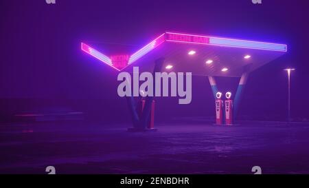 Neon Retro Tankstelle in der Nacht. Nebel, Regen, Reflexionen auf Asphalt. 3D Abbildung. Stockfoto