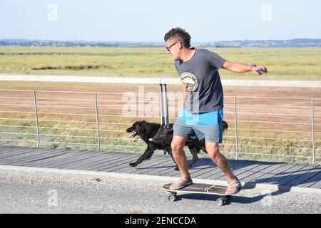 Kerl auf Skateboard gezogen von Hund, Normandie, Frankreich Stockfoto