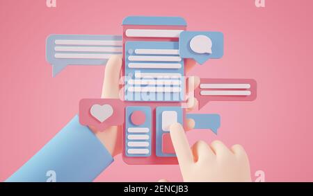 Cartoon Hände halten Interface Konzept Smartphone 3D Rendering Stockfoto