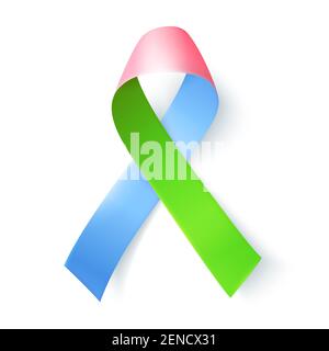 Symbol der seltenen Krankheit, realistische rosa, grün, blau Band. Vorlage für Awareness Day am 28. februar isoliert auf weißem Hintergrund, Vektorgrafik. Stock Vektor