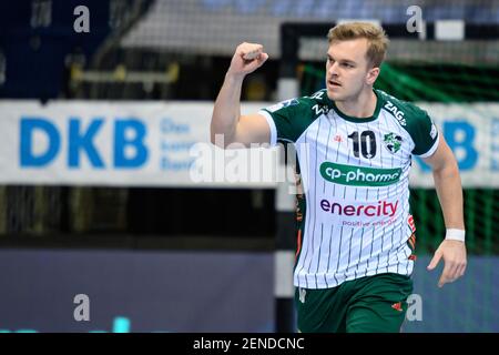 Hannover, Deutschland. Februar 2021, 25th. Handball: Bundesliga, TSV Hannover-Burgdorf - MT Melsungen, Matchday 9 in der ZAG Arena. Hanover Johan Hansen gestikuliert. Quelle: Swen Pförtner/dpa/Alamy Live News Stockfoto