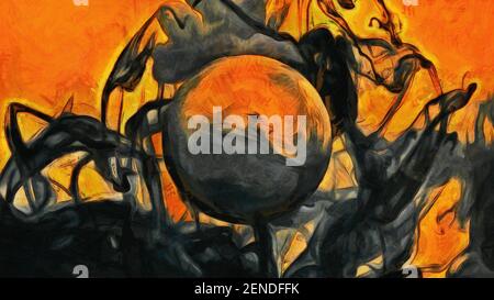 Abstrakter Ball, umgeben von schwarzem Rauch. Feuriger Hintergrund. Künstlerische Arbeit Stockfoto