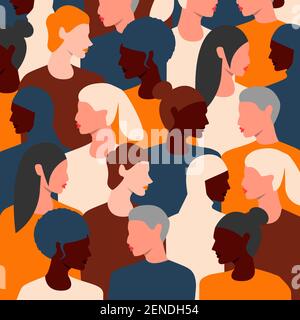 Nahtloses Muster mit verschiedenen weiblichen Gesichtern unterschiedlicher Ethnie. Vektor-Illustration für Frauen Empowerment Bewegung, internationale Frauen Tag. Eps Stock Vektor