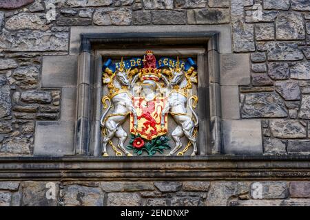 Wappen Schottlands an der Außenwand der Great Hall at Edinburgh Castle, Edinburgh, Schottland, Großbritannien Stockfoto