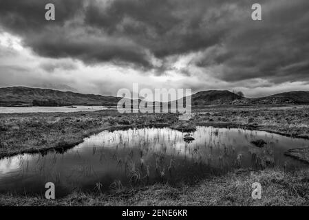 Episches Schwarz-Weiß-Landschaftsbild von Loch Ba auf Rannoch Moor in den schottischen Highlands an einem Wintermorgen Stockfoto