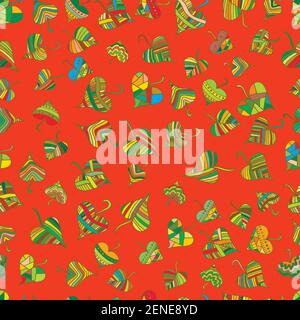 Bunt, hell dekorative Blätter nahtlose Muster, ethnischen Stil, Vektor Hand Zeichnung floralen Hintergrund, auf rotem Hintergrund, Regenbogen Blatt fa Stock Vektor