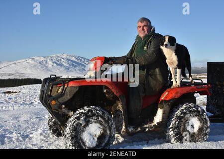 Ein Mann und sein Hund auf dem HONDA Quad Im Schnee Stockfoto