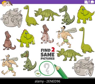 Cartoon Illustration der Suche nach zwei gleichen Bildern pädagogische Spiel für Kinder mit Dinosauriern und prähistorischen Charakteren Stock Vektor