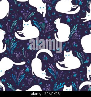 Schöne weiße Katzen in verschiedenen Posen auf einem Hintergrund von Blumen, Gras und dunkelvioletten Hintergrund, Fantasie nahtlose Muster. Vektor surreale Textur Stock Vektor