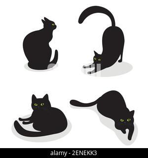 Set mit schwarzen Katzen mit grünen Augen in verschiedenen Posen. Isoliert auf weißem Hintergrund. Vector Kollektion mit Tieren. Silhouette schwarze Katzen in Karikatur Stock Vektor