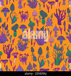 Abstrakte Fantasy-Pilze, jeder Pilz hat sein eigenes Muster, isoliert auf orangefarbenem Hintergrund. Psychedelic Pilz nahtlose Muster. Vektor von Hand gezeichnet Stock Vektor