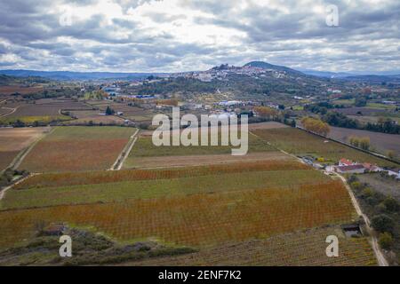 Weinberge rund um Belmonte Drohne Luftaufnahme mit Herbst rot und gelb Farben, in Portugal Stockfoto