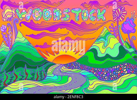 Bunte Landschaft mit Inschrift Woodstock, und Landschaft mit Bergen, die Sonne und die Straße, die in den Sonnenuntergang. Vektor Hand gezeichnet illustratio Stock Vektor