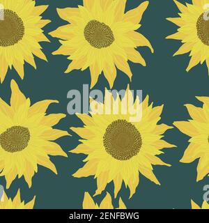 Nahtloses Muster mit Sonnenblumen auf blauem Hintergrund. Blumen, Knospen und Blatt Vektor Hintergrund mit gelben Blume in Cartoon-Flat-Design. Stock Vektor