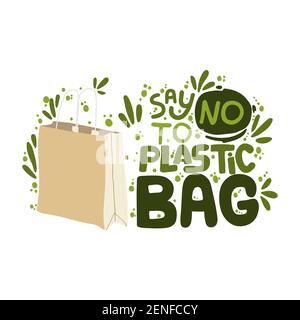 Öko Tasche mit handgeschriebendem Schriftzug. Beschriftung und Illustration des Zero Waste Lifestyle. Kein Kunststoff. Moderne Typografie zur Auswahl umweltfreundlicher Lebensstile. Ve Stock Vektor