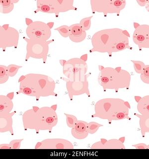 Nahtloses Kawaii Muster fröhliche kleine süße Schweine, in verschiedenen Posen, in weißem Hintergrund. Lustige Cartoon Tiere Vektor Illustration. Textur mit fl Stock Vektor