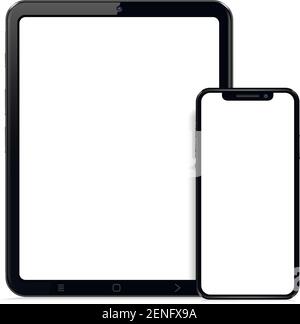 Realistisches Tablet und Smartphone mit weißem Hintergrundbildschirm isoliert auf Weiß Stock Vektor