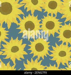 Nahtloses Muster mit Sonnenblumen auf blauem Hintergrund. Blumen, Knospen und Blatt Vektor Hintergrund mit gelben Blume in Cartoon-Flat-Design. Stock Vektor