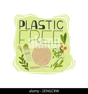 Plastikkarte ohne Beschriftung. „Plastic free Quote“-Slogan. „Zero Waste Lifestyle Motivation“-Slogan. Ökologische Umweltphrase. Handgeschriebene Postkarte Stock Vektor