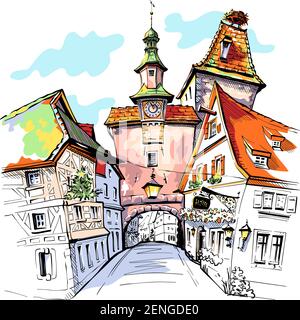 Vektor-Farbskizze von Markusturm in der mittelalterlichen Altstadt von Rothenburg ob der Tauber, Bayern Stock Vektor