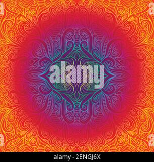 Psychedeli abstrakte Stammes Mandala. Leuchtendes Vintage-Rundmuster. Vektordarstellung fraktaler Hintergrund. Neon-Farbverlauf. Indisch, Buddhismus, Yoga Stock Vektor