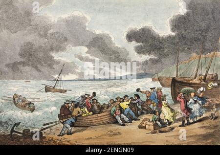 Einschiffen von Brighthelmstone nach Dieppe 1787 Thomas Rowlandson (britisch, 1756-1827) England, 18th Jahrhundert Ätzung, handfarbig Stockfoto