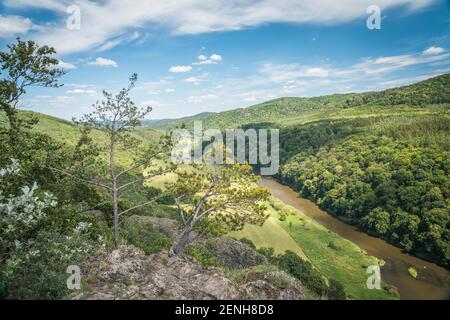 Schlucht des Flusses Berounka, Blick von einem Hügel Certova skala in einem Hracholusky Dorf Tschechische Republik. Stockfoto