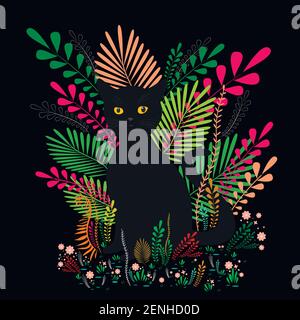 Wilde schwarze Katze mit bernsteinfarbenen Augen, sitzen in einem bunten Laub und Blumen, isoliert auf schwarzem Hintergrund. Dekorative Vektor-Illustration mit Tier. Fanta Stock Vektor