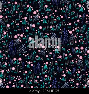 Feld Wildblumen nahtlose Blumenmuster. Helle, dekorative Blumen und Pflanzen im Laub auf schwarzem Hintergrund. Blumenschmuck. Ursprüngliche Blume Stock Vektor