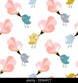 Niedliche kleine Vögel fliegen am Himmel. Nahtloses Muster mit handgezeichneten Elementen für Kinder-Design Stock Vektor