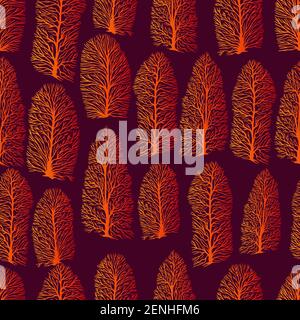 Vintage nahtloses Muster mit Baumstämmen, ohne Blätter, orange-brauner Farbverlauf, isoliert auf einem dunkelbraunen Hintergrund. Vektor Hand gezeichnet Wald Stock Vektor