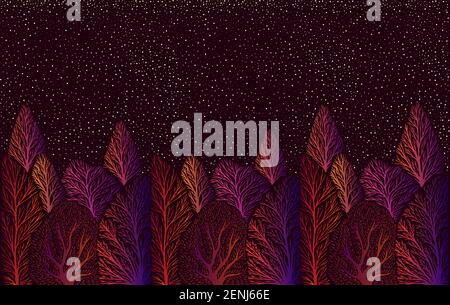 Psychedelisch surreal bunte Landschaft mit Wald und Nacht Sterne Himmel, Bäume hell orange rosa purpule Farbverlauf Farbe. Vektor Hand gezeichnet Fantasie krank Stock Vektor