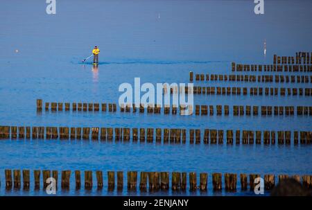 21. Februar 2021, Mecklenburg-Vorpommern, Heiligendamm: Ein Stand-up-Paddler steht an der Ostsee vor dem Strand in Heiligendamm. Foto: Jens Büttner/dpa-Zentralbild/ZB Stockfoto