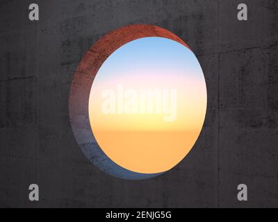 Dunkle Betonwand mit einem leeren runden Lichtfenster, Sonnenuntergang Himmel auf einem Hintergrund. 3D Rendering-Illustration Stockfoto