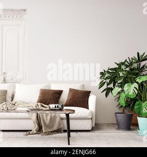 Moderne Innenarchitektur mit leerem weißen Wandhintergrund und dekorativen Hauspflanzen 3D Rendering, 3D Illustration Stockfoto